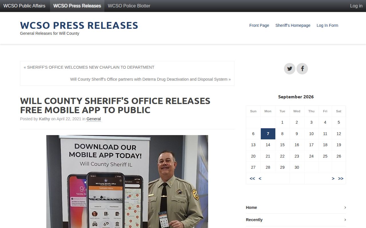 Will County Sheriff's Office app announcement and service links